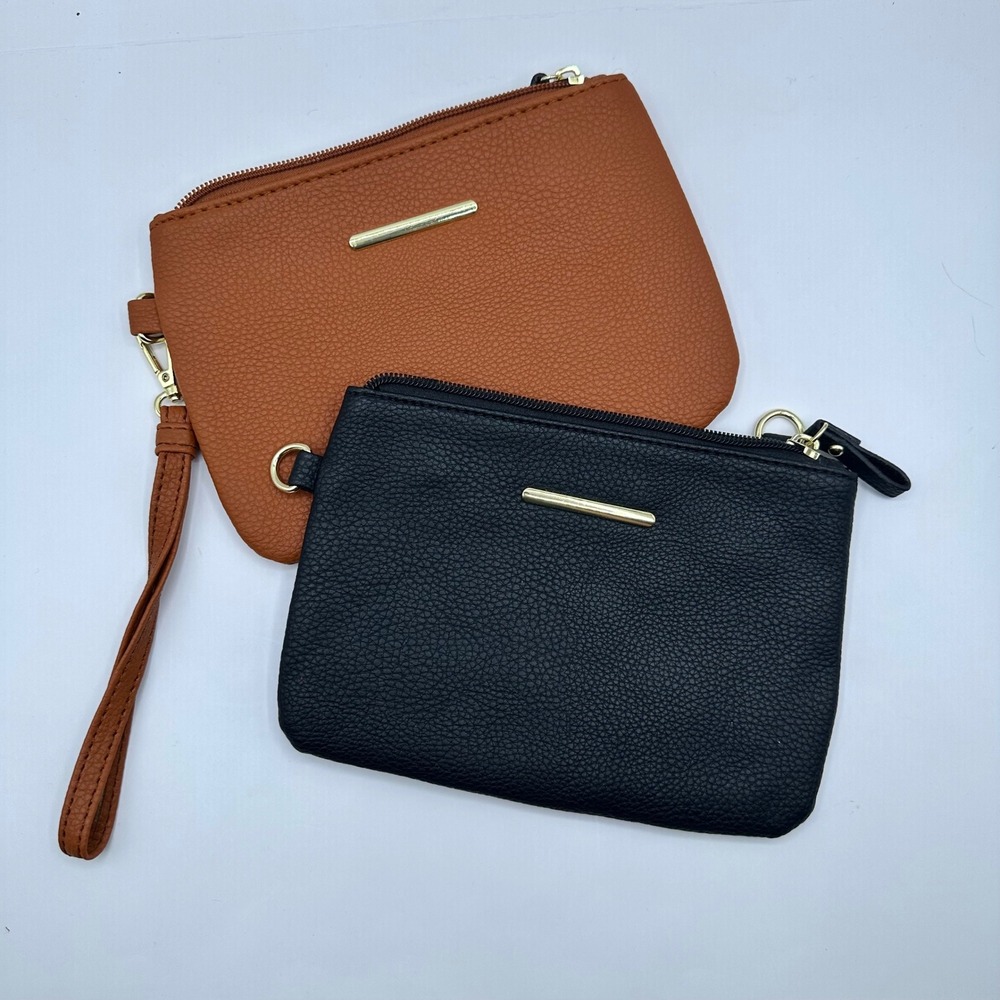 Wristlet Clutch Small Faux Leather Zip Around Purse Handbag Black Brown